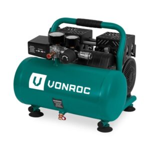 Compresor de aer silentios VONROC CR504AC, putere 750W, rezervor 6L, nivel sonor 57.5dB, protectie IP30, fara ulei, presiune 8bar, manometru integrat, cablu 2m, dimensiuni...