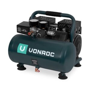 Compresor de aer silentios VONROC CR504AC_GREY, putere 750W, rezervor 6L, nivel sonor 57.5dB, protectie IP30, fara ulei, presiune 8bar, manometru integrat, cablu 2m, dimensiuni...