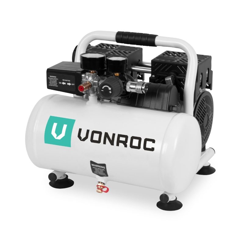 Compresor de aer silentios VONROC CR504AC_WHITE, putere 750W, rezervor 6L, nivel sonor 57.5dB, protectie IP30, fara ulei, presiune 8bar, manometru integrat, cablu 2m, dimensiuni...